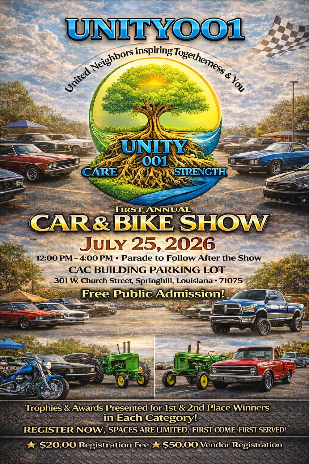 UNITY001 First Annual Car and Bike Show poster from July 25, 2026