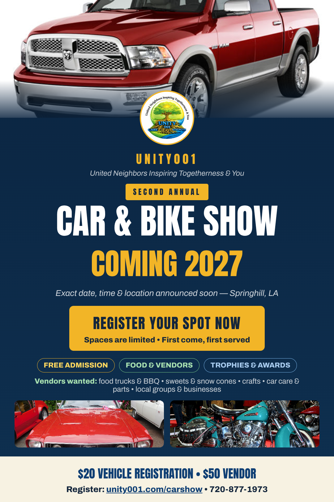 UNITY001 Second Annual Car and Bike Show poster for 2027